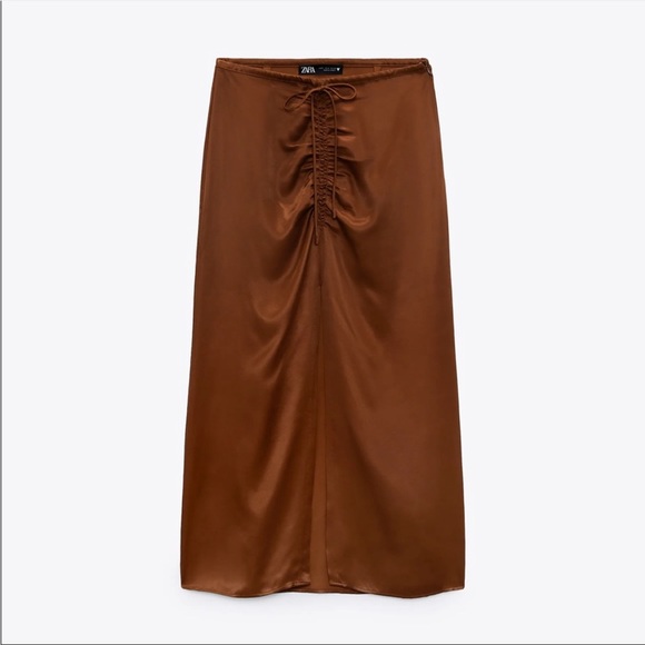 Zara Brown GATHERED SATIN HighWaist Midi Skirt Tie Front High Slit sz M EUC - Picture 9 of 17